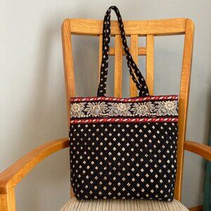 Vera Bradley Classic Black Red Tan Tote - Toggle Button Closure